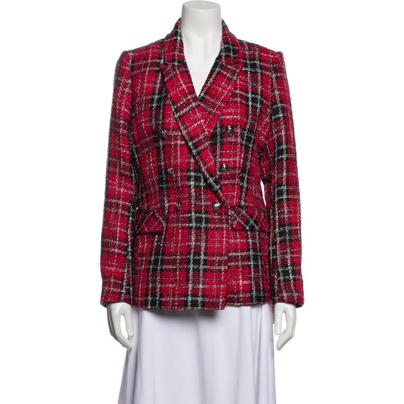 New! Rachel Zoe Red Plaid Tweed Blazer Jacket Double Breasted Career Chic - Picture 1 of 11